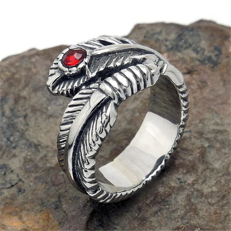 Titanium steel Rings Retro Silver Feather Handmade Vintage Red Garnet Natural Stone Jewerly Opening Size For Women And Men | Украшения и