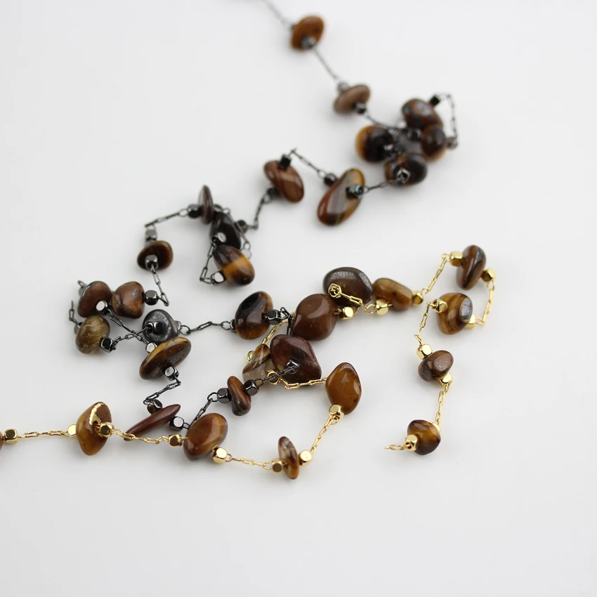 

5-8mm,Natural Tiger Eye Stones Chips Chains Jewelry,Wire Wrapped Golden/Black Plated Copper Links Necklace