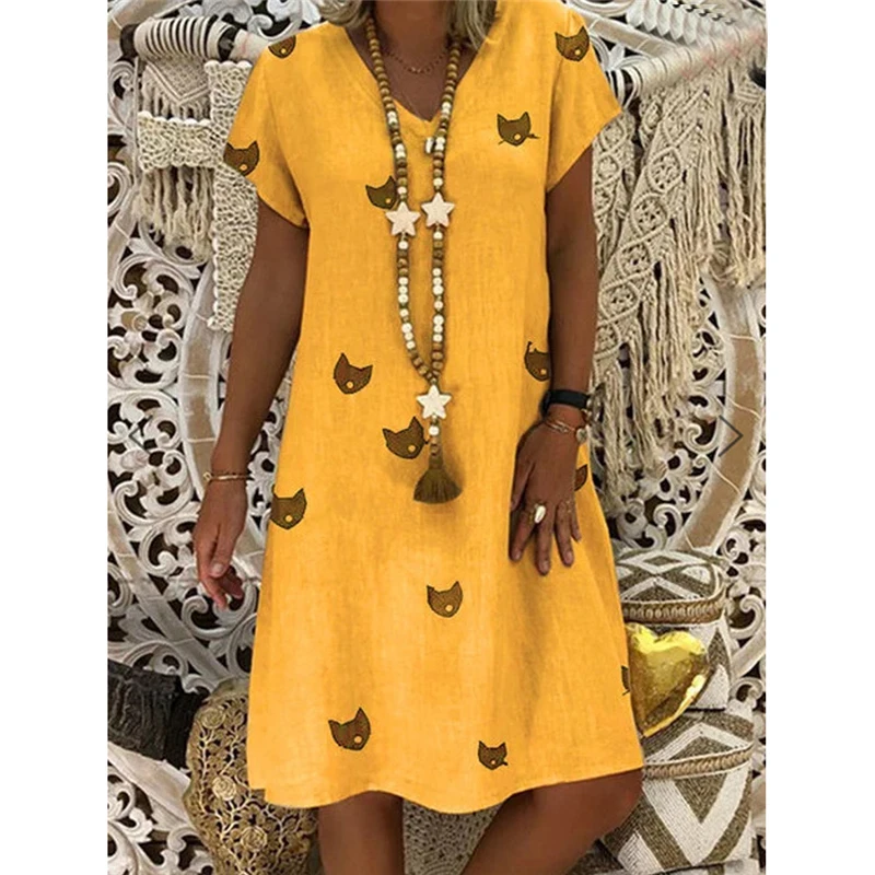 Женское платье с коротким рукавом V-образным вырезом и принтом кошки