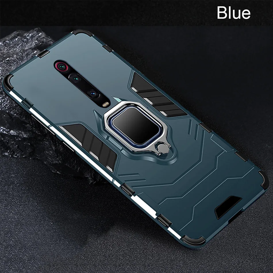 Blue Роскошное кольцо Броня чехол для телефона на Xiaomi Redmi 7 5 Plus Note 6 5 7 Pro K20 Pro мягкий силиконовый бампер противоударный чехол - Цвет: Blue