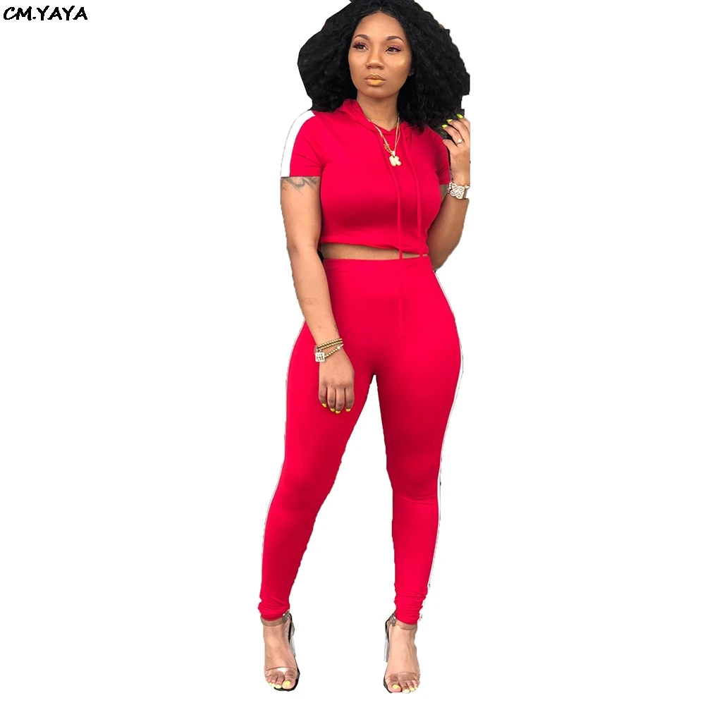 Женский спортивный костюм футболка в полоску с капюшоном и коротким рукавом