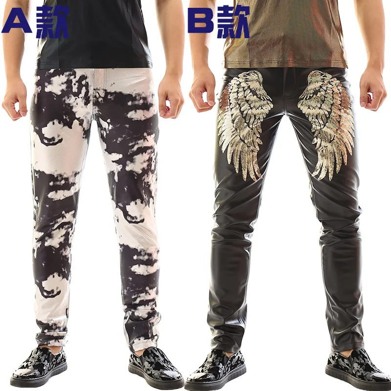 New Personality  Male novelty Camouflage Leather Pants Costumes Nightclub male singer dj ds punk slim trousers