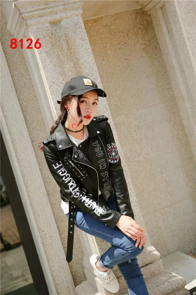 Новинка 2019 года весна и осень заклёпки буквы мотоцикл кожа короткие модные
