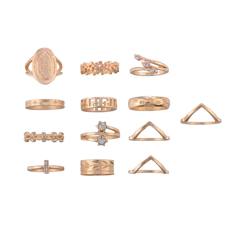 Guvivi 13pcs/Lot Vintage Gothic Midi Ring Set For Women Boho Crystal Geometric Flower Cross Hollow Knuckle Wedding Jewelry | Украшения и