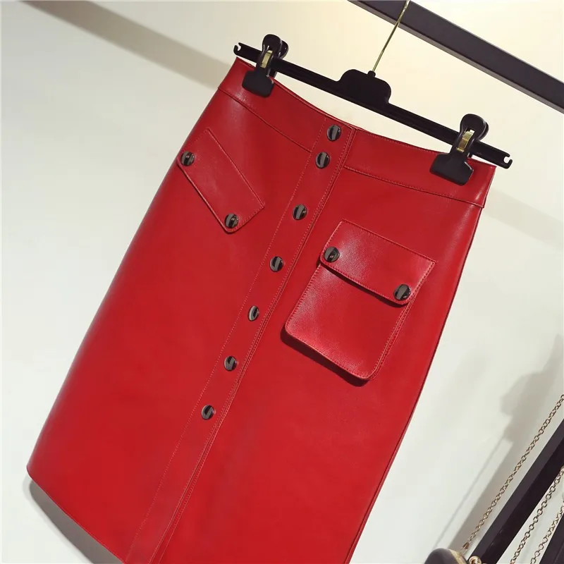 Top Quality Genuine Leather Womens Knee Length Skirts High Waist Single Breasted Pockets Office Ladies Sheepskin A-Line Skirts