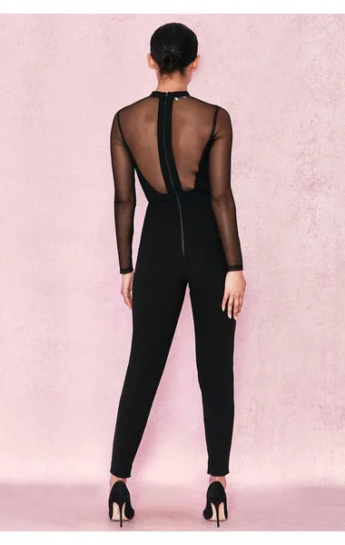 

New Fashion Slim Sexy Women Bandage Jumpsuit Black Mesh Perspective Evening Club Party Bodysuit Rompers Pencil Pants