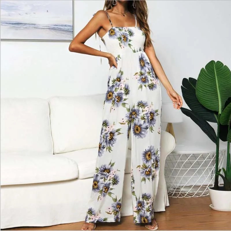 

2020 new summer women's jumpsuits fashion high waist thin plus size sunflower print straps long jumpsuit women