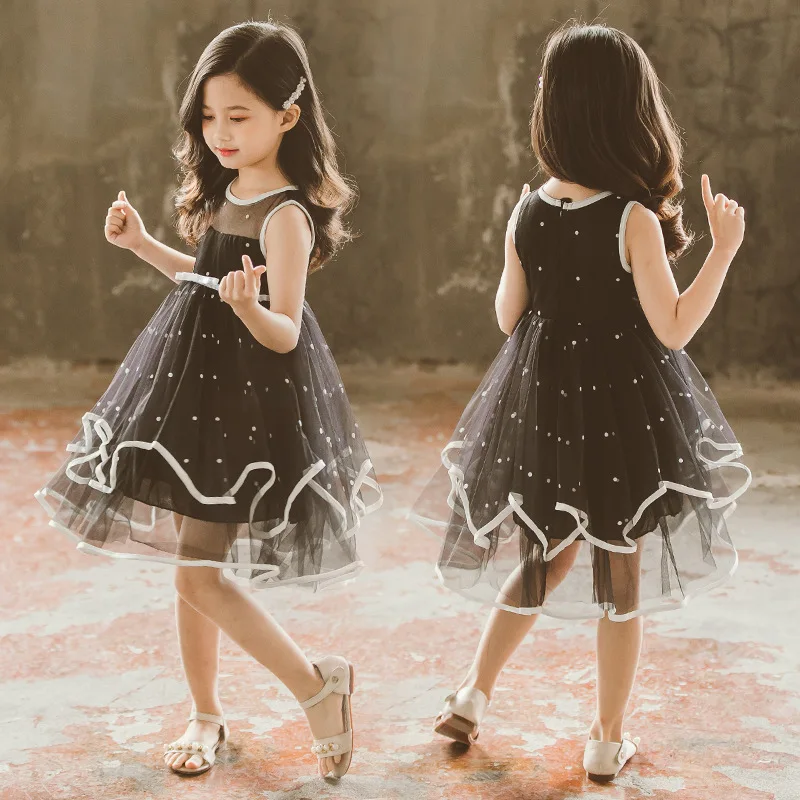 black vintage gown age for 3 - 12 yrs little girls ruffle lace tulle dot long dress princess prom summer kids sleeveless frocks | Детская