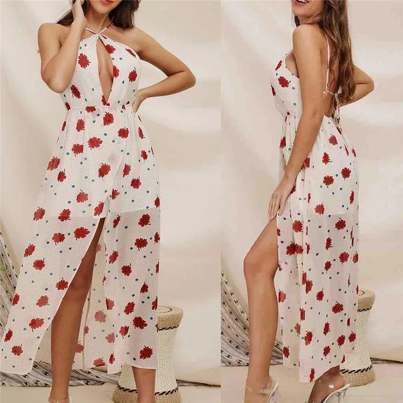 Летнее женское платье с цветочным принтом открытыми плечами разрезом для
