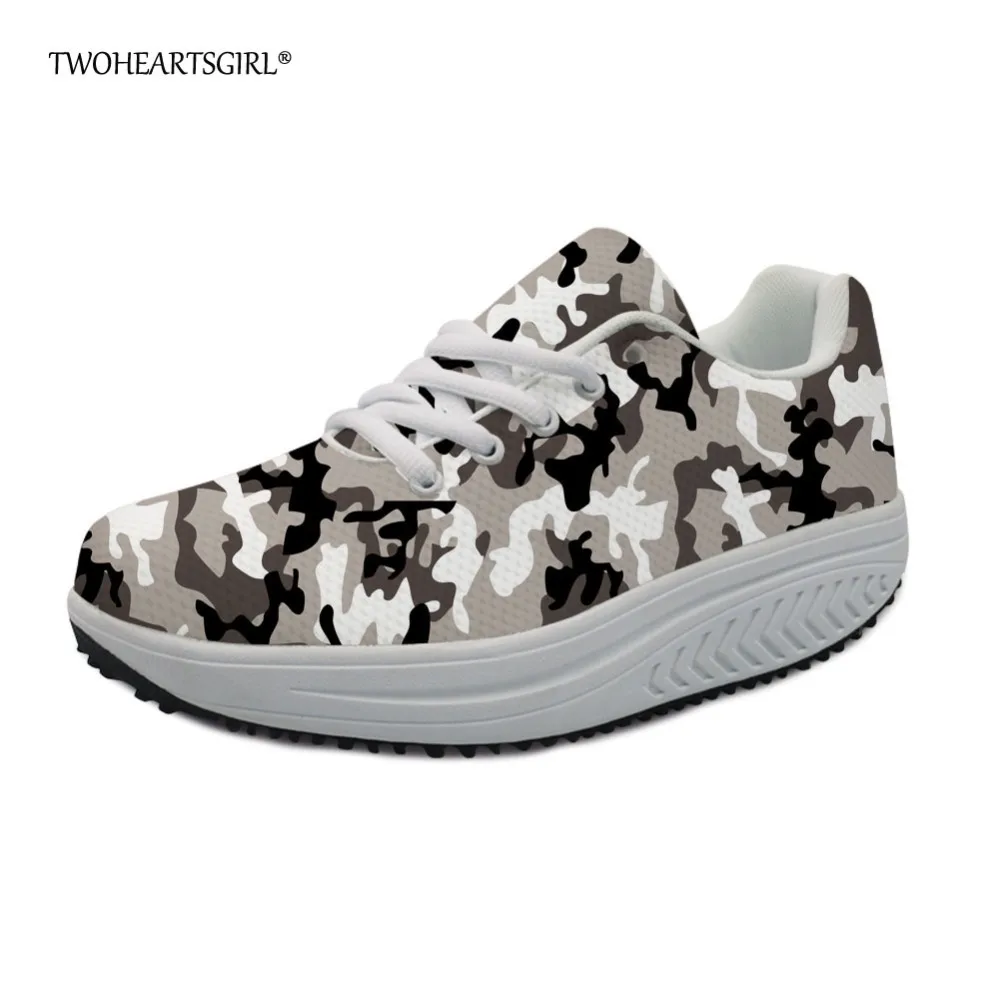 

Twoheartsgirl Grey Camouflage Slimming Wedge Shoes Breathable Women Casual Wedges Swing Shoes Breathable Ladies Platform Shoes