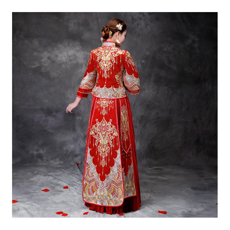 

Red Chinese Wedding Bride Cheongsam Traditional Style marry Evening Dress Embroidery Long Qipao Womens Clothing Size S - XXXL