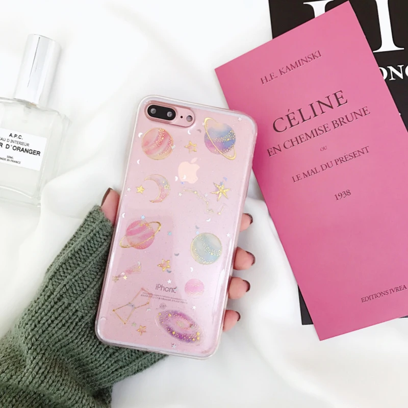 Glossy Starry Sky Epoxy Silicone Soft TPU Case For iphone XS max xr X 3D Saturn Star Circle Back Cover 6s 6 7 8 Plus |