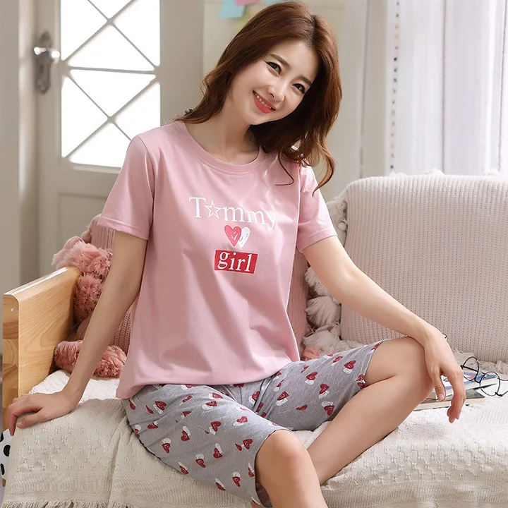 Большие размеры XXL, 3XL, 4XL, 5XL, летние пижамы, хлопковая домашняя женская одежда для сна с коротким рукавом, тонкая Пижама, женские штаны, женская повседневная домашняя одежда - Цвет: 19233