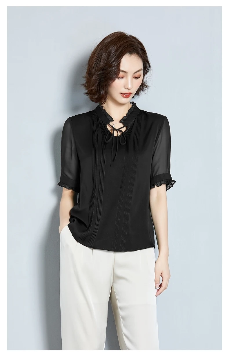 AYUNSUE, летняя мода, натуральный шелк, Blusas Mujer De Moda,, элегантная повседневная женская блузка с v-образным вырезом, женский топ с коротким рукавом S19X258