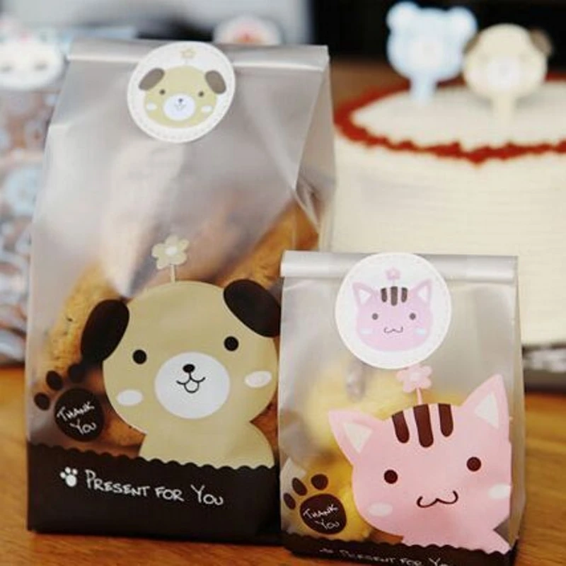 Новинка 25 шт./упак. клейкая сумка для печенья с мультяшной собачкой кошкой