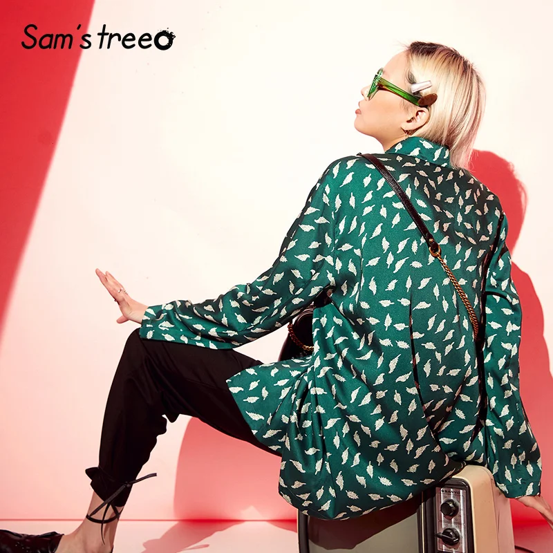 Samstree, зеленое перо, с принтом, городское цыганское пальто для женщин, осень, с карманами, оригинальное, элегантное, бохо, повседневное, для офиса, женская верхняя одежда