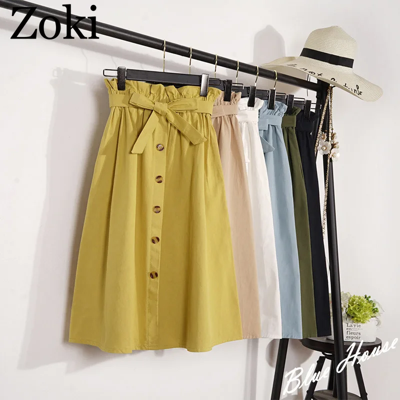 Женская юбка с высокой талией Zoki однотонная длинная миди ремнем на лето