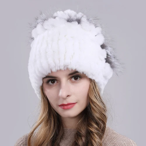 Новые русские Женские Настоящий мех кролика Skullies шапки Роскошные вязаные цветы натуральная шапка из меха кролика рекс зимние натуральный мех шапочки - Цвет: color 10
