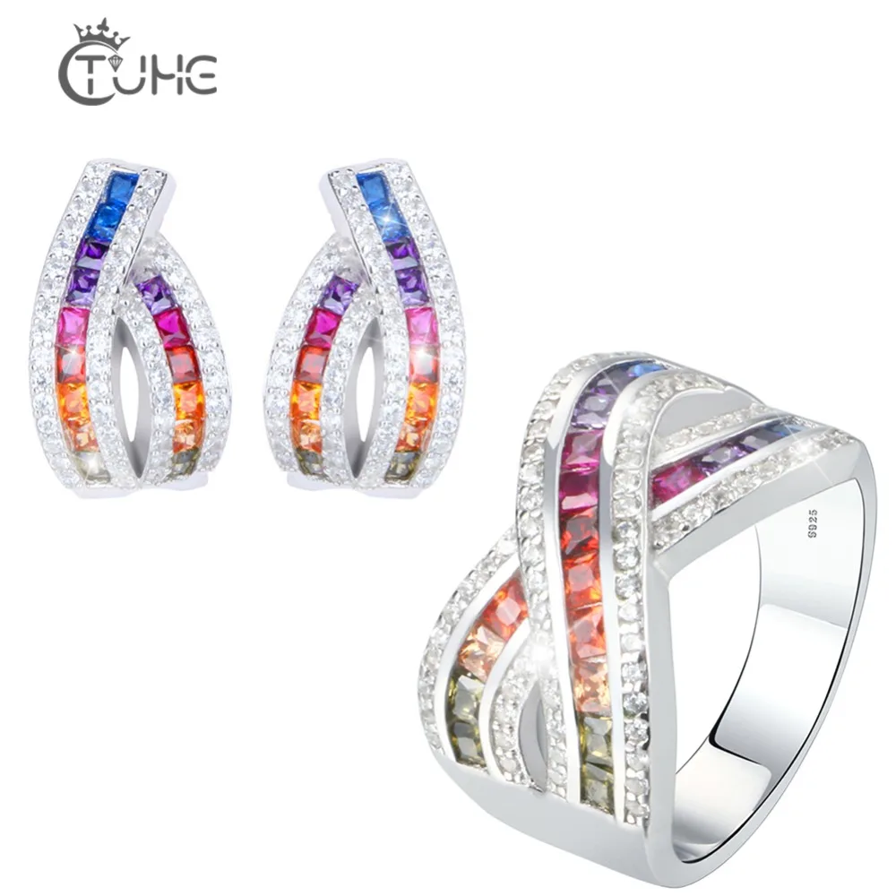 Новый дизайн серебряный цвет радуга CZ кольцо серьги набор для женщин Серебро S925