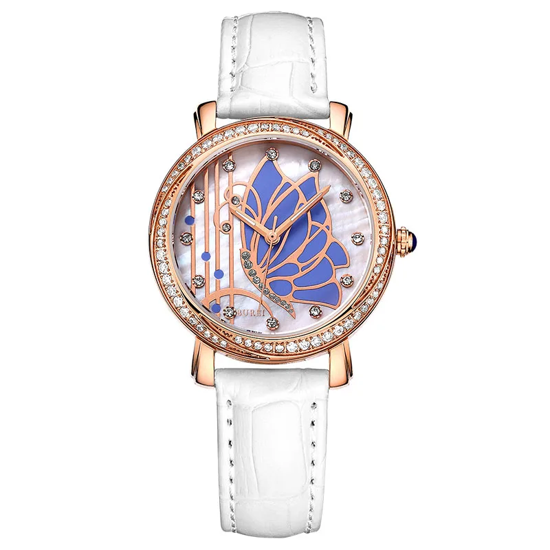 BUREI Эксклюзивная Модная Женщины Часы Белый Кожаный Ремешок Аналоговые Кварцевые