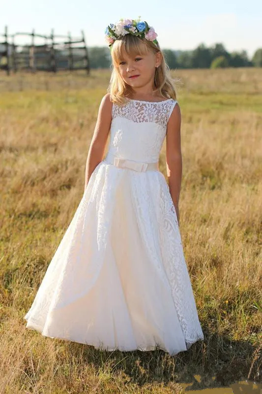 New Little Girls White Ivory First Communion Dress with Sash Crew Neck Sheer Lace Flower Girl for Wedding Birthday Gown | Детская одежда