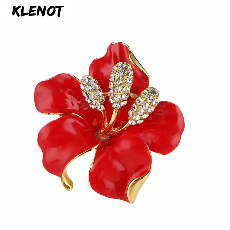 Женский красный эмалированный цветок брошь булавка и золотого цвета с