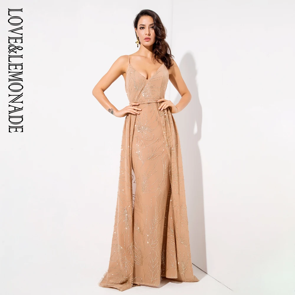 Женское платье LOVE & LEMONADE золотистое длинное облегающее со съемным фартуком и v