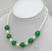 fashion beautiful natural freshwater cultured white pearl green chalcedony jades stone round beads strand necklace 18inch bv15