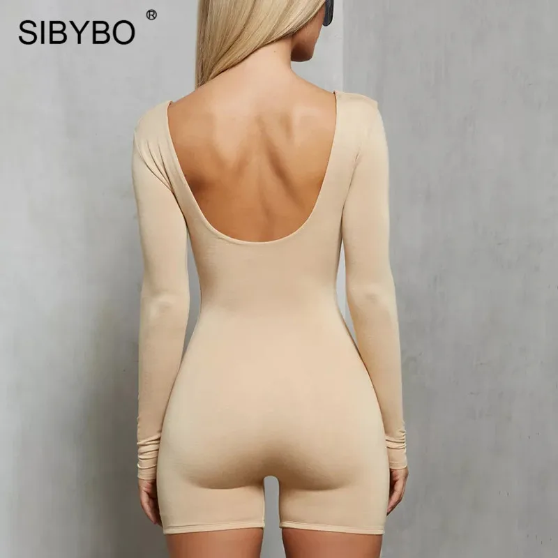 Женский Облегающий комбинезон Sibybo черный с длинным рукавом и круглым вырезом