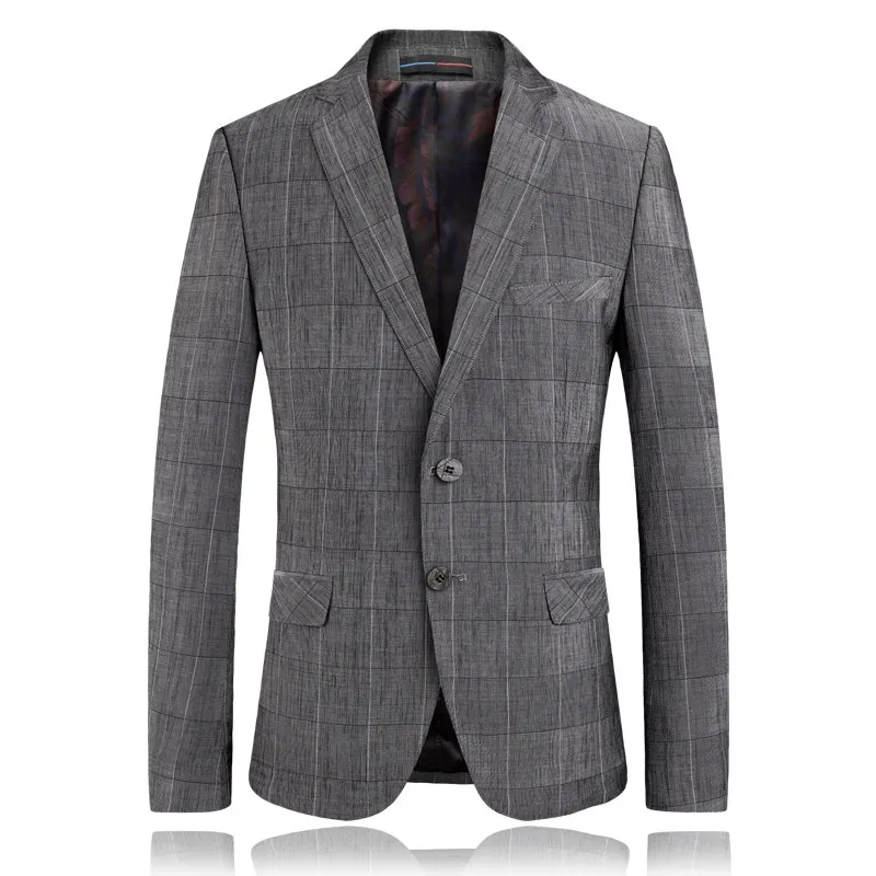 2019 Fashion Casual Men Suit Jacket Slim Fitted Plaid Striped Men Tailored Blazer Jacket Gray High Quality Blazer Hombre