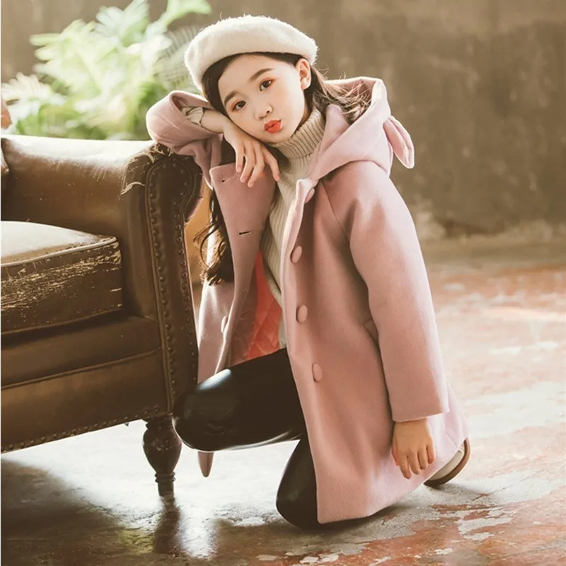 Pink Новинка года; детское осенне-зимнее шерстяное пальто для девочек-подростков; Одежда для девочек Милая Длинная шерстяная одежда с принтом кота детская верхняя одежда - Цвет: Pink