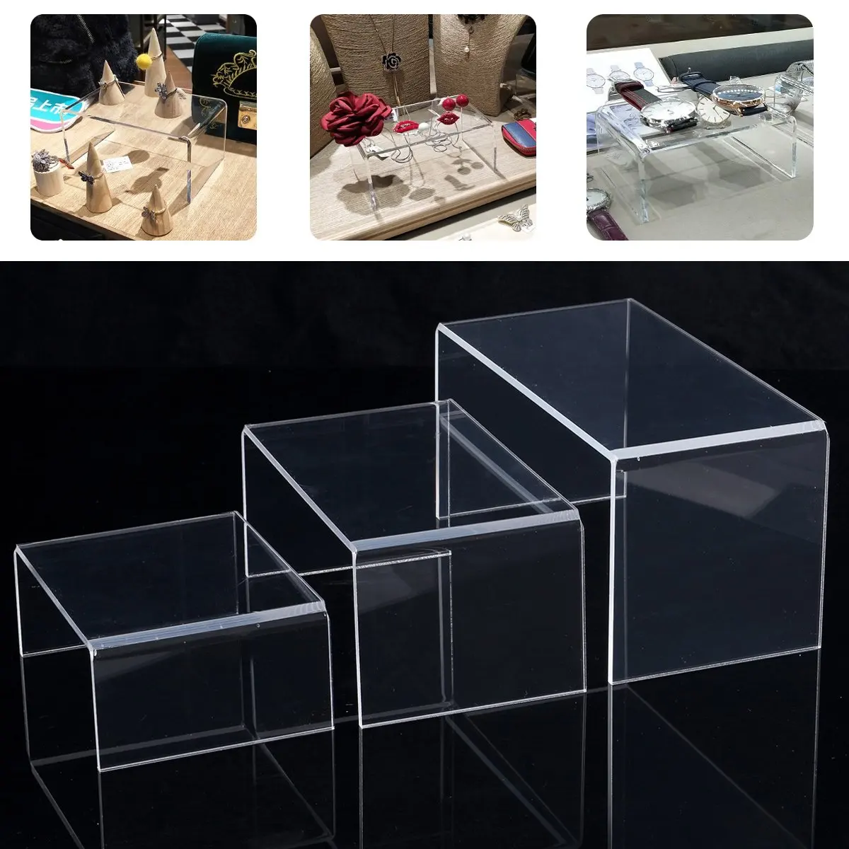 3Pcs/Set Acrylic Display Bridges Riser Shelf Plinths Retail Stall Shoe Racks Jewelry Figurines Collection Stand Holder Black
