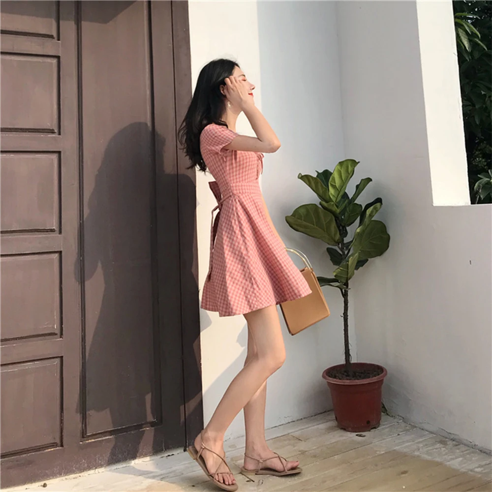 Желтое женское летнее платье розовое клетчатое с запахом Vestidos De Verano 2019 Fiesta Cortos