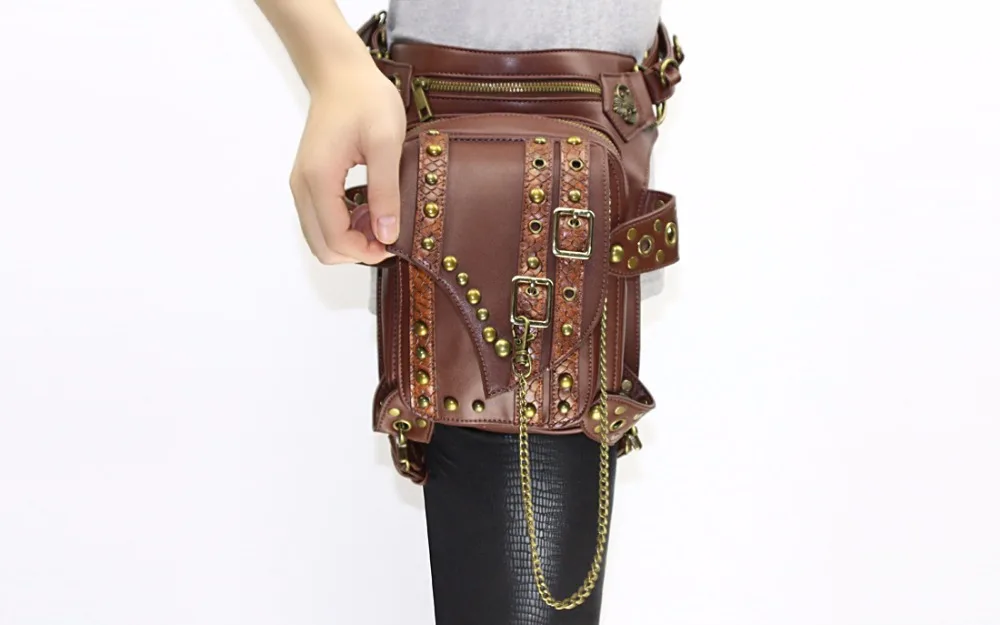 Gear Duke Steampunk Waist Pack Bag Retro Rock Gothic brown Fanny Bag Pack Shoulder Bag Vintage Men Women Leather Leg Bag