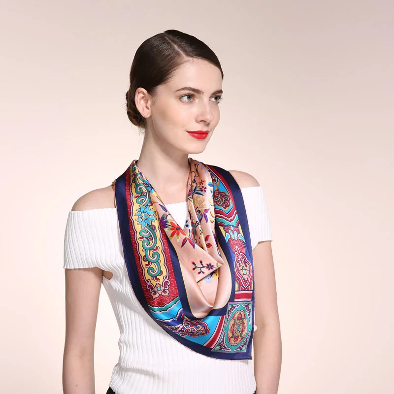 HA759 100% Mulbery Silk Satin Scarf Women 90cm Large Square Scarves Chinese National Floral Print Summer Sunscreen Wraps Foulard |