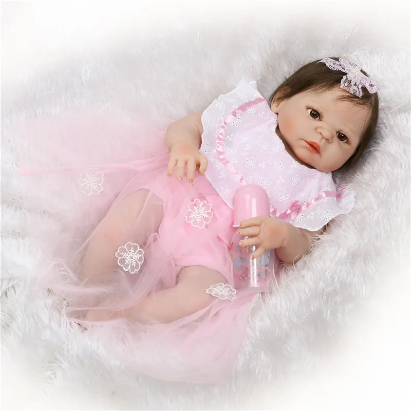 NPK brand silicone girl doll reborn 22&quot55cm pink dress bebe princess babies rooted hair child birthday present toy boneca | Игрушки и