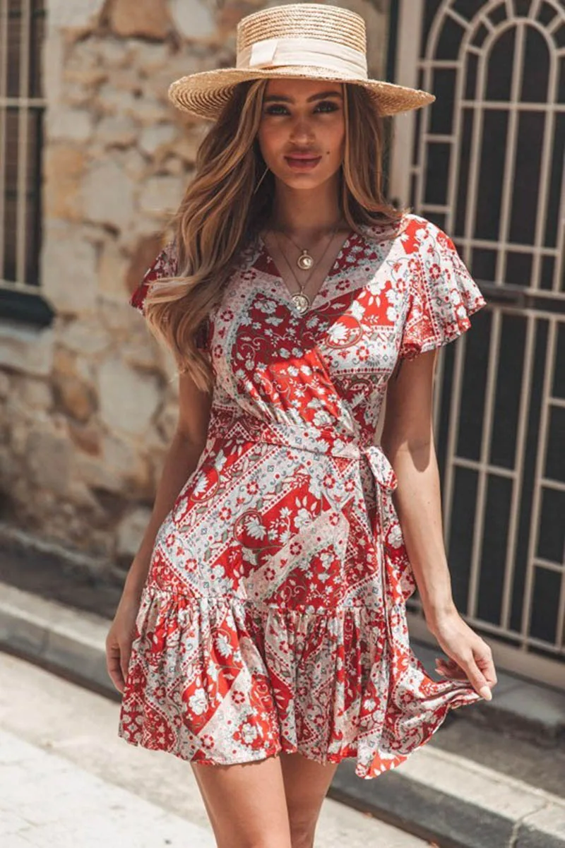 Nadafair, Boho, короткий рукав, Цветочное платье, женское, v-образный вырез, Инди фолк, на шнуровке, мини, с оборками, повседневное, летнее платье