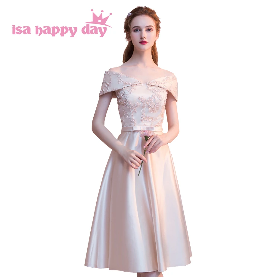 

cheap formal sleeved o neckline champagne color bridesmaid dresses bridesmaids dress satin ball gown for wedding guest H4254