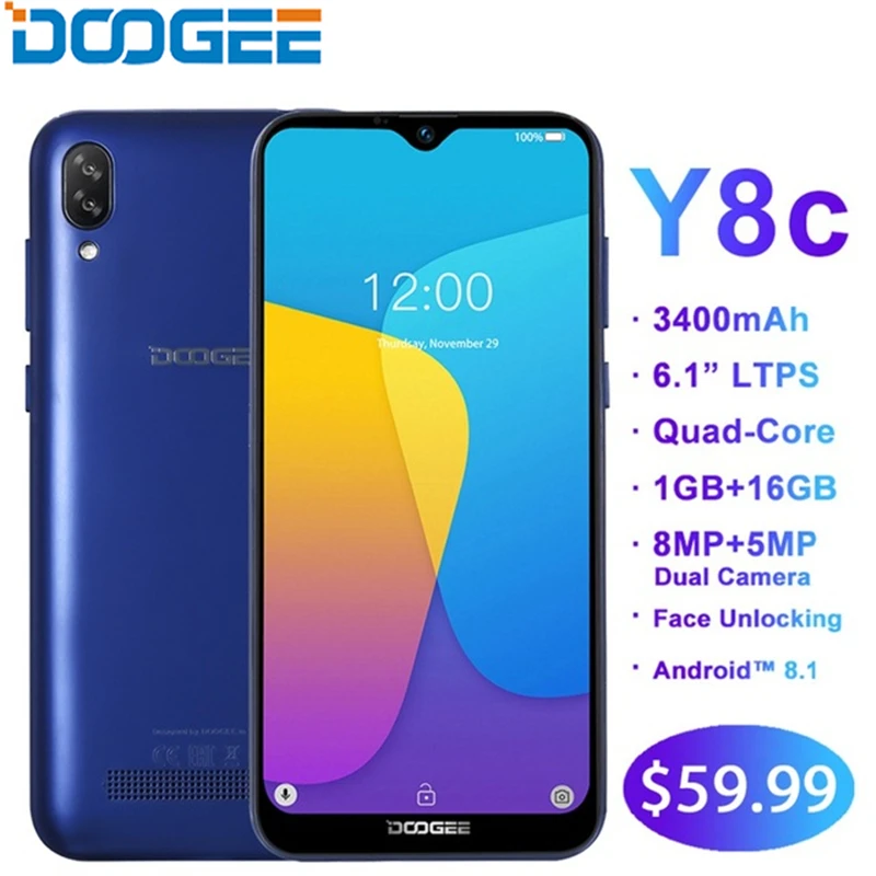 DOOGEE Y8c 6,1 дюймовый водонепроницаемый экран 3g Смартфон Android 8,1 MTK6580 четырехъядерный 1 ГБ 16 ГБ 3400 мАч 8MP Лицо ID мобильный телефон