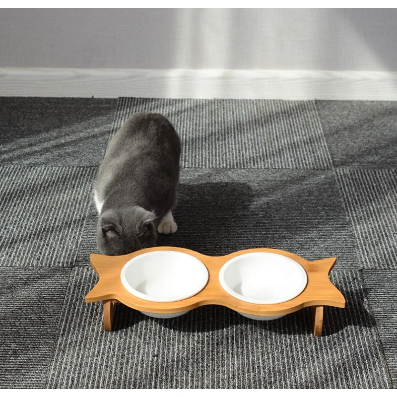 

Cat Dog Pet Stainless Steel/Ceramic Feeding and Drinking Bowls Combination with Bamboo Frame for Dogs Cats Pet Supplies