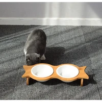 cat dog pet stainless steelceramic feeding and drinking bowls combination with bamboo frame for dogs cats pet supplies