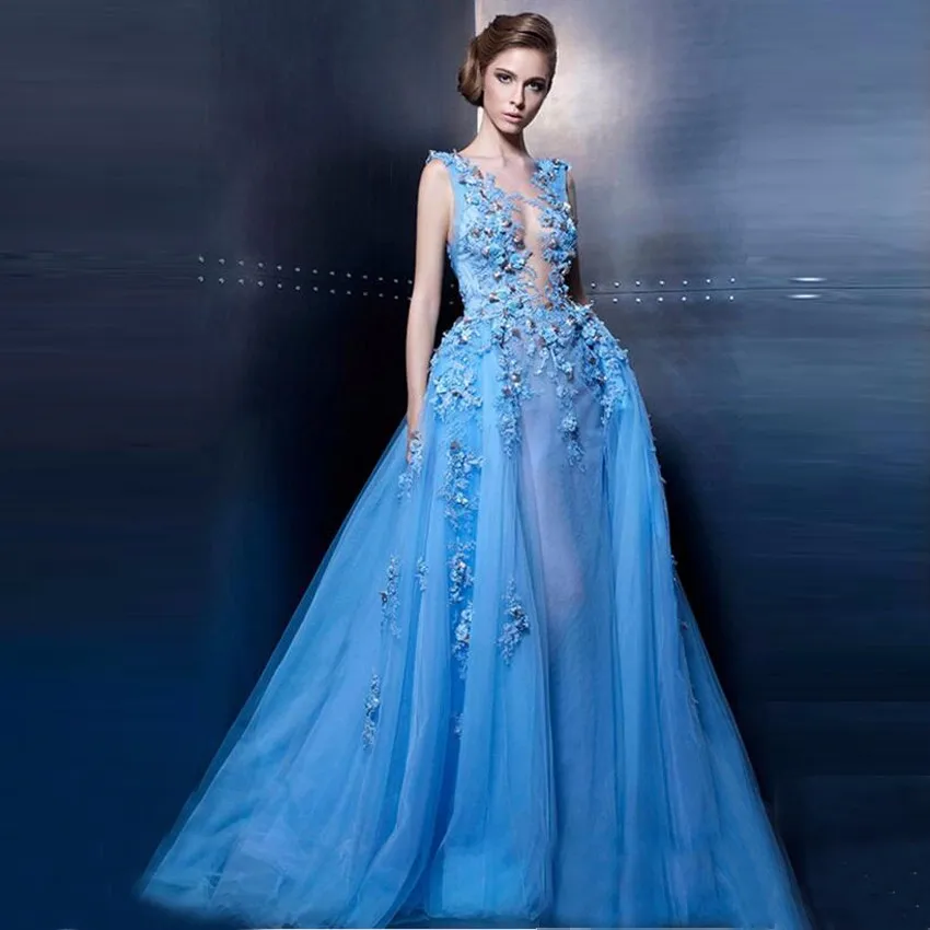 Роскошный Синий Свадебные Платья Мантия de Mariage Sheer Шеи Спинки Длиной до пола