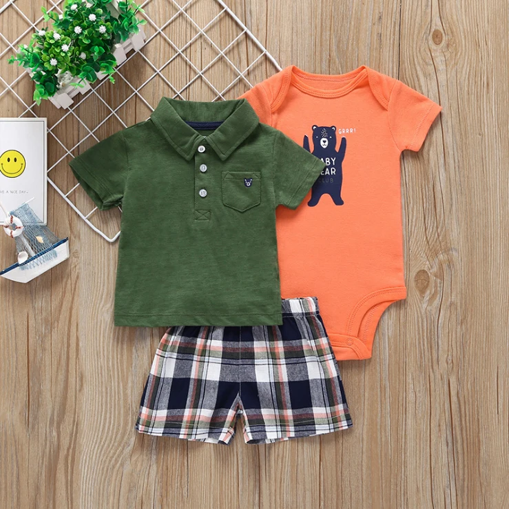 Infant Baby Boys Clothing Set 2019 Summer Fashion Cotton Short Sleeve Tops+Romper+Shorts 3 Pcs sets Toddler Boy Clothes Outfits |