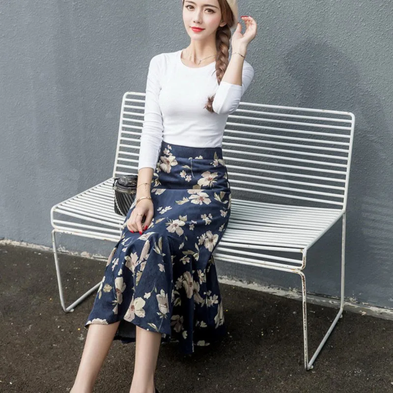 EXOTAO Floral Printed Long Saia Female High Waist Elegant Midi Ladies Skirts Ruffle Hem A-Line Warm Faldas Mujer Fashion Winter | Женская