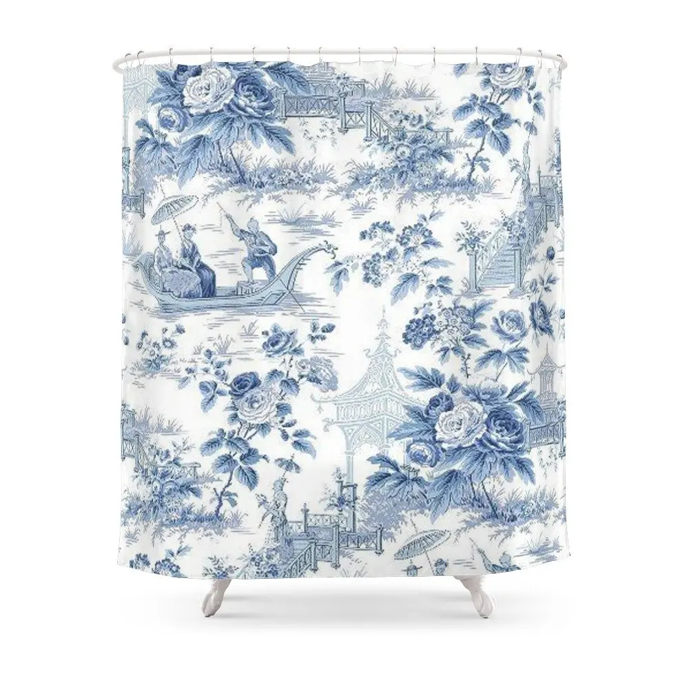 Косметическая пудра синий Chinoiserie toile Душ Шторы комплект с Крючки двери Коврики