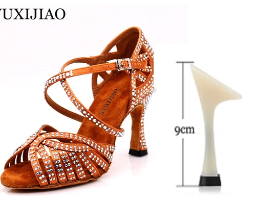 bronze heel 9cm WUXIJIAO Танцевальная обувь джаз обувь для латинских танцев для женщин сальса латинские туфли для девочек бальные туфли для латинских танцев черная бронзовая кожа Curban Heel - Цвет: bronze heel 9cm