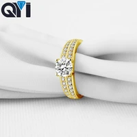 qyi 14k solid yellow gold two row rings round moissanite diamond wedding engagement halo rings for women