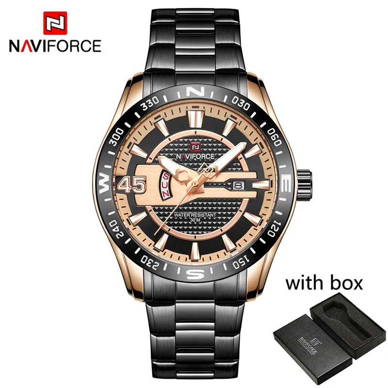 NA915702 with box Мужские часы NAVIFORCE, спортивные водонепроницаемые наручные часы, военные армейские деловые кварцевые мужские часы из нержавеющей стали 9157 - Цвет: NA915702 with box