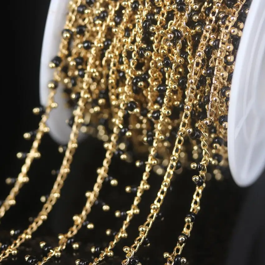 5 м/лот цепочка Розария из черного стекла покрытая золотом латунной проволокой