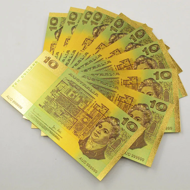 

WR Home Accessory AUD 10 Colorful Gold Banknote Decorative Art Crafts 999.9 Gold Foil Paper Money for Gifts Original Size